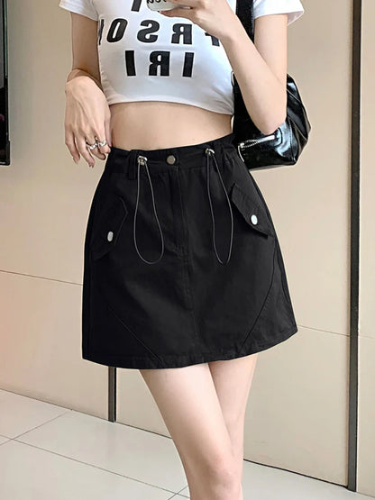 vmtvr Women Drawstring Cargo Skirt Fashion High Waist Preppy Style A Line Mini Skirt Summer Korean Casual All Match Sexy Skirt