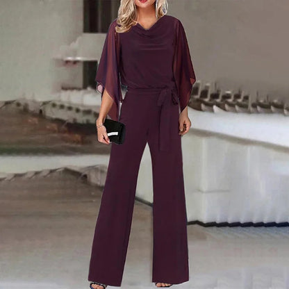 vmtvr Office Lady Solid Mesh Straight Jumpsuit Spring Crew Neck Lace-up Belted Women Rompers New Summer Short Sleeve Playsuit Overalls