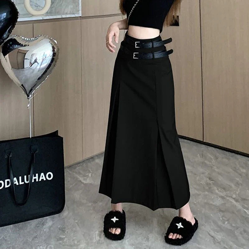 vmtvr Women Double Belt Suit Skirts Korean Fashion High Waist Midi Skirt Y2K Casual All Match Female Slim Fit Black Skirts Summer New