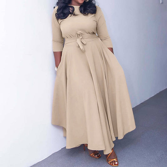 vmtvr - Autumn Winter Plus Size Women Clothes Solid Color Fashion Round Neck Bandage Three Quarter Sleeve Higt Waist Elegant Maxi Dress