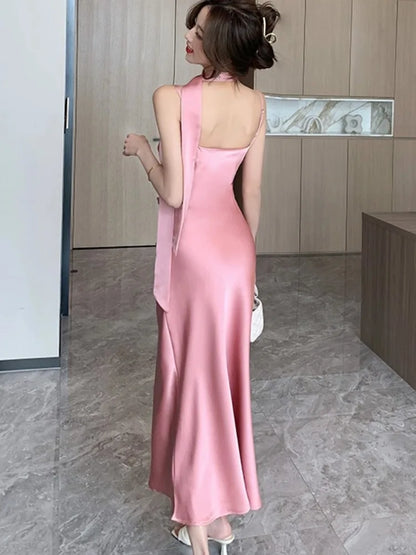 vmtvr Women Summer Sexy Backless Satin Midi Dresses Elegant Evening Party Prom Sleeveless Casual Vintage Robe Female Fashion Clothes