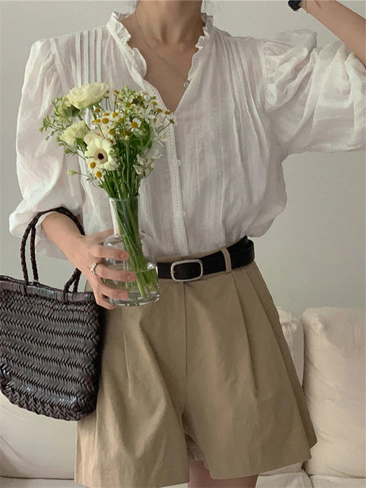 vmtvr New 2024 Korean Fashion Sweet Puff Sleeve Office Oversized Women Blouses Shirts Spring Summer Vintage Elegant Lady Tops