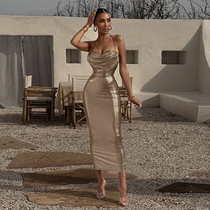 Solid Hipster Ruched Backless Strap Slim Robe Female Evening Dresses Party Clothing Shiny Elegant Maxi Dress Women 2023