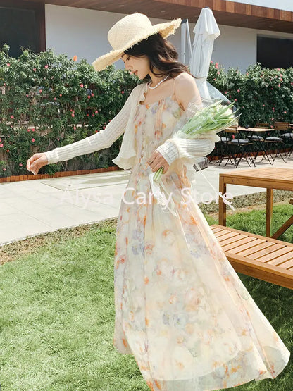 vmtvr Vintage Floral Two-piece Dress Women Chiffon Korean Elegant Long Strap Dress Female Summer Casual Beach Evening Party Dress