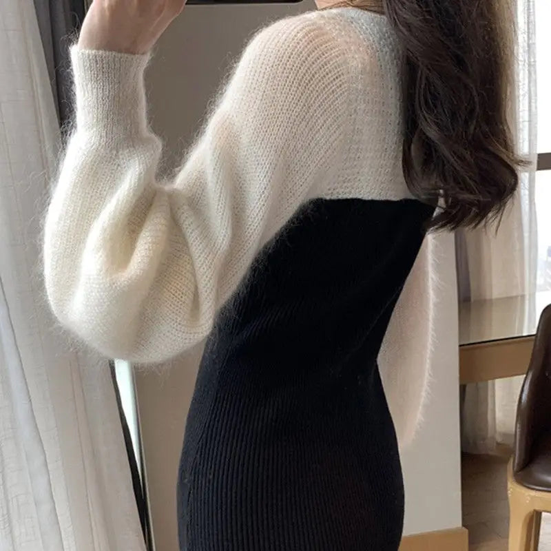 vmtvr Women's Sweater Split Long Dress Autumn Winter Fashion Elegant Lady Patchwork Long Sleeves Knitted Dress Women's Clothing