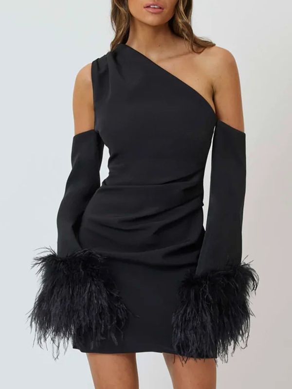 vmtvr One Shoulder Long Sleeve Mini Dress With Feathers Black Autumn Party Evening Club Furry Bodycon Sexy Dresses Women