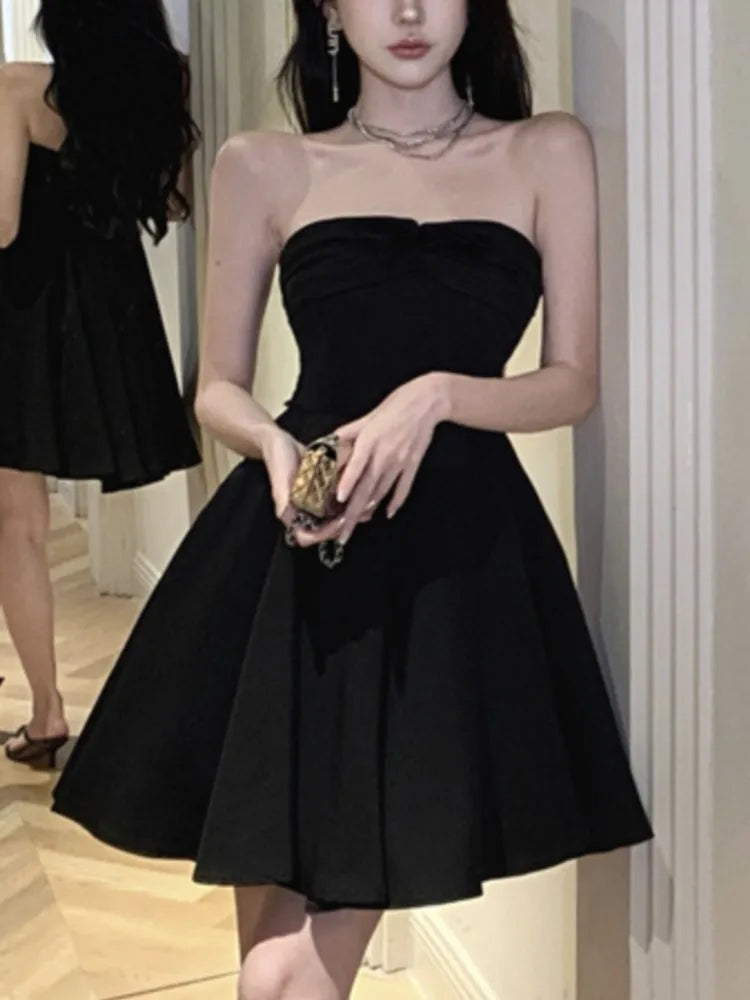 vmtvr New Summer Elegant Strapless Short Dress Women High Waist A-line Korean Chic Evening Party Dresses Prom Black One Piece Vestido