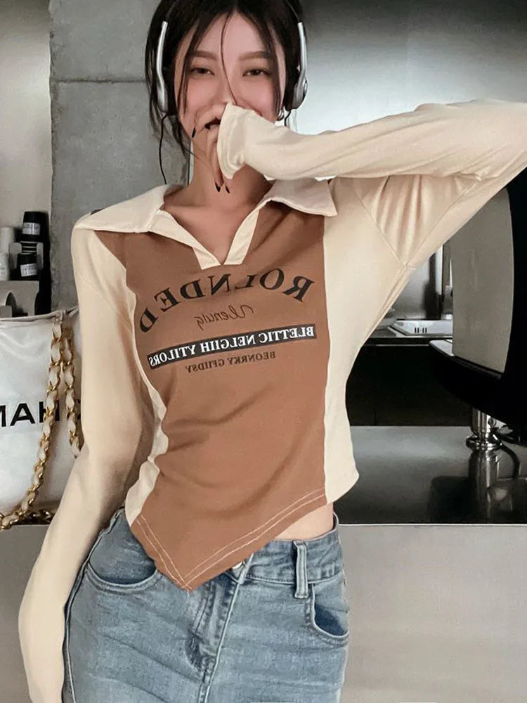 -Fall Outfits -Fall Outfits Long Sleeve Top -Vintage Y2k T Shirts Women Harajuku Long Sleeve Kpop Tees Slim Irregular Aesthetic Top Korean Fashion Streetwear T-shirts