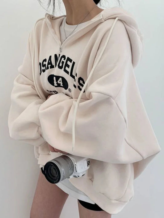 -Fall Outfits Long Sleeve Top -Women Kpop Loose Hooded Sweatshirts Half Zipper Pullover Long Sleeve Couple Top Harajuku Vintage Letter Printed Hoodies