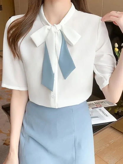 vmtvr Fashion Sweet Bow White Chiffon Shirt Women Korean Casual Short Sleeve Office Lady Blouse Summer All Match Loose Tops New