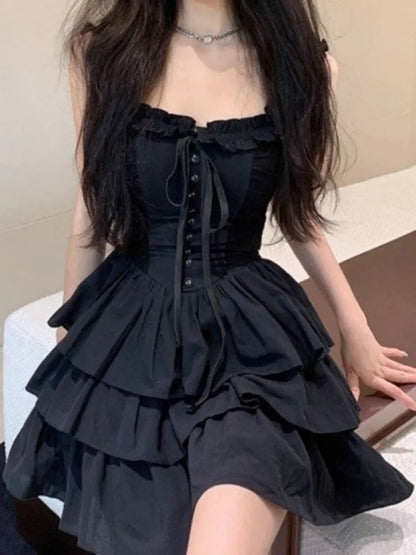 QWEEK Gothic Goth Harajuku Sexy Slip Dress Ruffles Y2k Streetwear Dark Punk Cake Dresses Party Korean Fashion  Summer