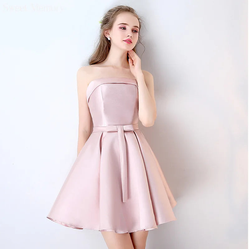 vmtvr  -  Cute Knee Length Pink Satin Short Prom Homecoming Dress