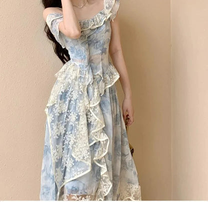 vmtvr Sweet Elegant Floral Strap Dress Women Ruffles Designer Korean Party Irregular Dress Female Autumn Vintage Sleeveless Dress