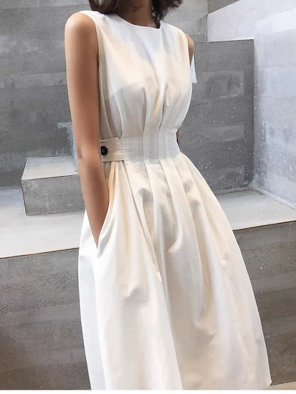 vmtvr Elegant Women White Loose Pockets Casual O-Neck Waist Dress Office Ladies 2024 Summer Sleeveless Midi Dress Vestidos