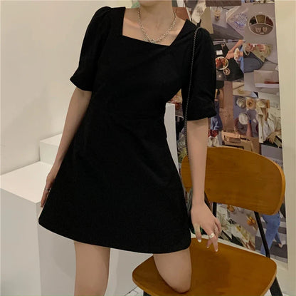 Summer Korean Fashion A-line High Waist Thin Kawaii Mini Dress Harajuku Vintage Short Puff Sleeve Backless Dress Women's Clothes