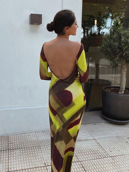 Sexy Backless Print Slim Maxi Dress For Women Fashion O Neck Long Sleeve Long Dresses Ladies Vintage Streetwear Sexy Dress