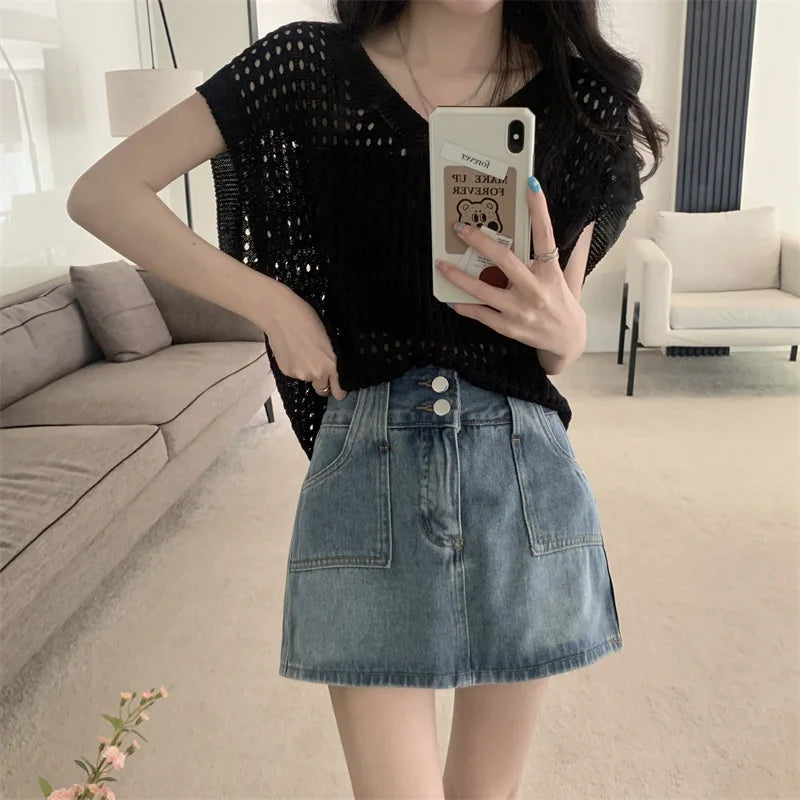 vmtvr Sexy Hollow Out Women T Shirts Summer Korean Fashion Streetwear Sleeveless Sunscreen Tops Y2K Female Casual Loose Tees New