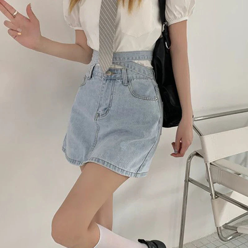 vmtvr Fashion Women Denim Skirts Korean Casual Bandage Slim Fit Mini Skirts Y2K Summer Elegant Female A Line Jeans Skirts New