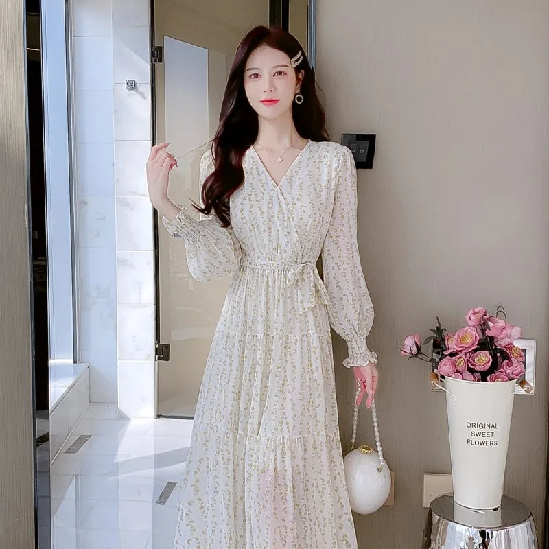 vmtvr New Spring Summer Fashion Print Midi Dresses for Women Long Sleeved V-neck Party Birthday Slim Cute Sweet Fairy Dress Korean