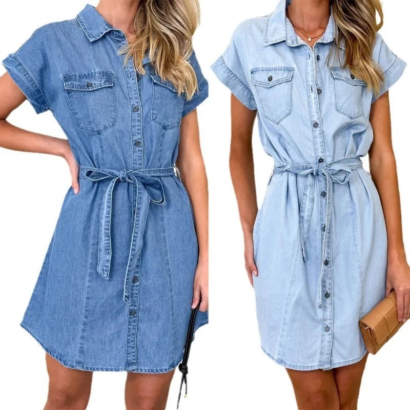 vmtvr  -   Spring Summer New Women's Clothing Fashion Loose Casual Denim Short Sleeve Dress Sexy High Waist Solid Color Dress