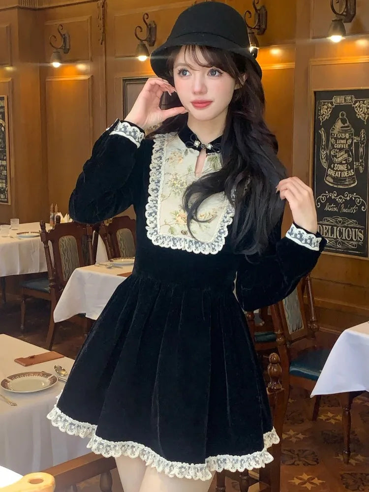 vmtvr  -  Women's Elegant Long Sleeve A-Line Velvet Mini Dress Birthday Party Dress Female Clothing Patchwork Fashion Spring Autumn New