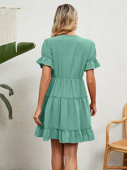 Summer Short Sleeve Dresses For Women Fashion Lace Stitching V Neck Elegant Plus Size Beach Casual Ruffles Mini Dress Vestidos