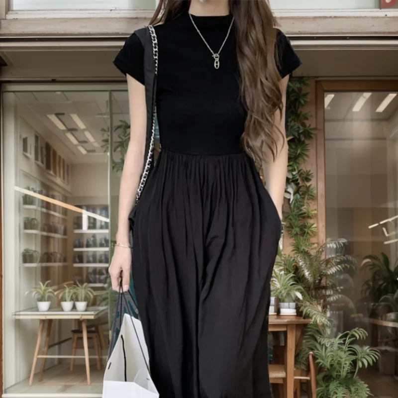 vmtvr  -  Long Dresses Womens Dresses New in Black Dress Summer Stitching Short Sleeve Round Neck Waist Slim Long Skirt High-End Women