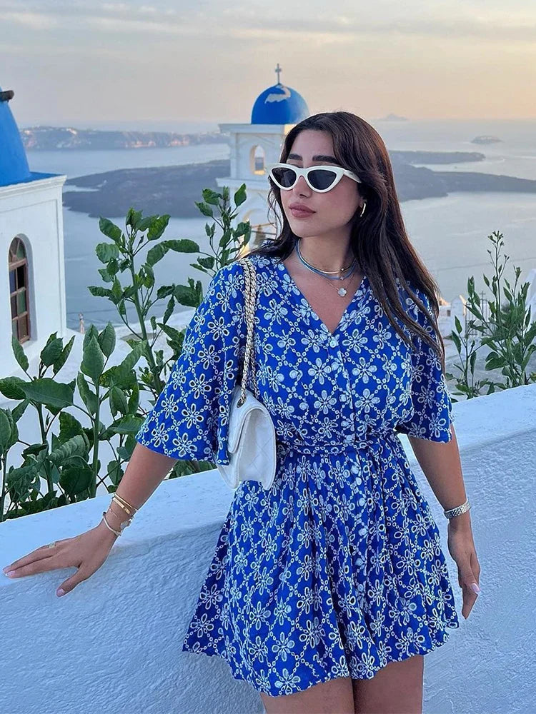 vmtvr  -  Batwing Sleeve Embroidery Summer Beach Casual Dress Women Buttons A-line Belt Loose Casual Holiday Blue Short Vestidos