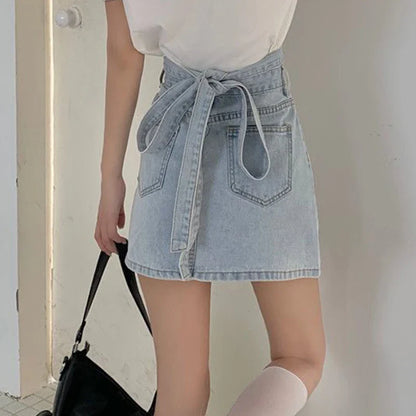 vmtvr Fashion Women Denim Skirts Korean Casual Bandage Slim Fit Mini Skirts Y2K Summer Elegant Female A Line Jeans Skirts New