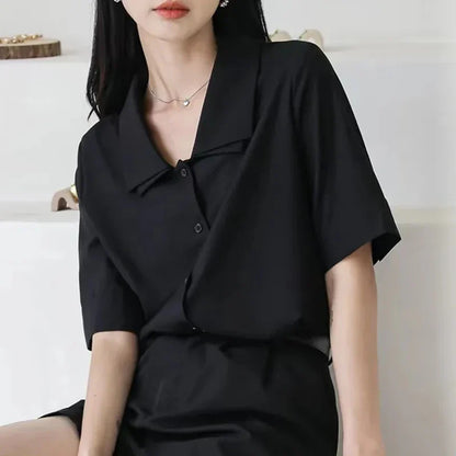 vmtvr Y2K Double Collar Chiffon Shirt Korean Fashion All Match Women Half Sleeve Tops Summer Casual Office Ladies Black Blouse