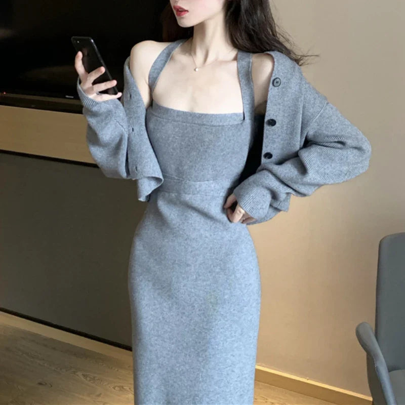 vmtvr Tow Piece Set Women Autumn Korean Slim Knitted Cardigan Coat+sexy Bodycon Strap Dress Office Lady Sashes Casual Sweater Set