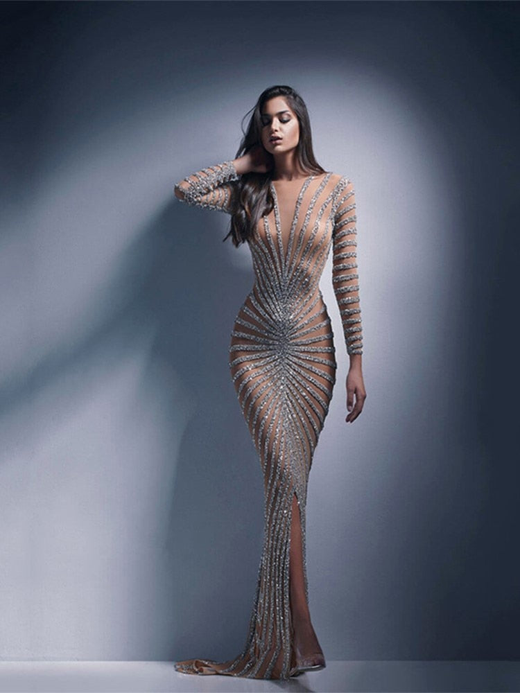 Women Mesh Sequins Maxi Dress Female Sexy V Neck Long Sleeve Split Fishtail Dresses Summer LadIES Party Evening Long Dress Gown