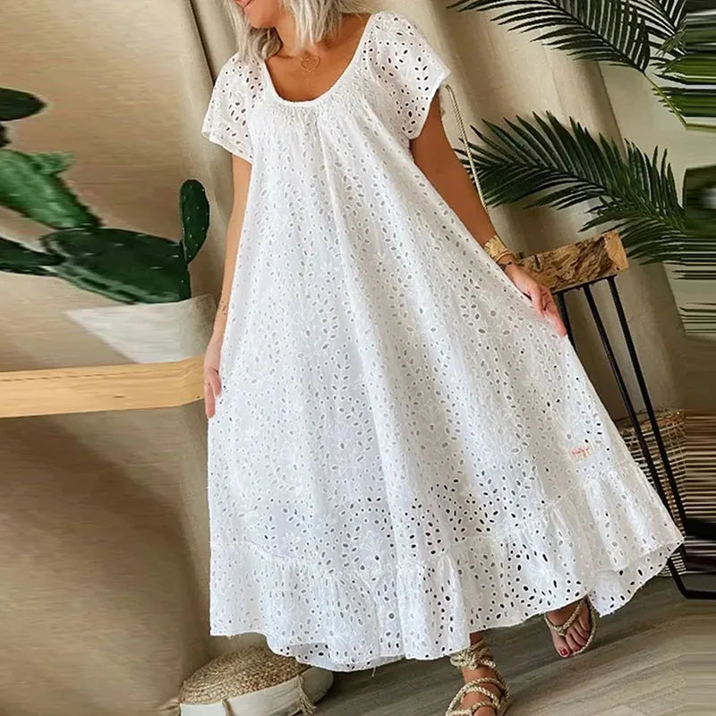 vmtvr  -  Fashion O-neck Ruffled Long Dress Elegant Lace Crochet Hollow Loose Party Dress Women Casual Short Sleeve Solid Maxi Dress