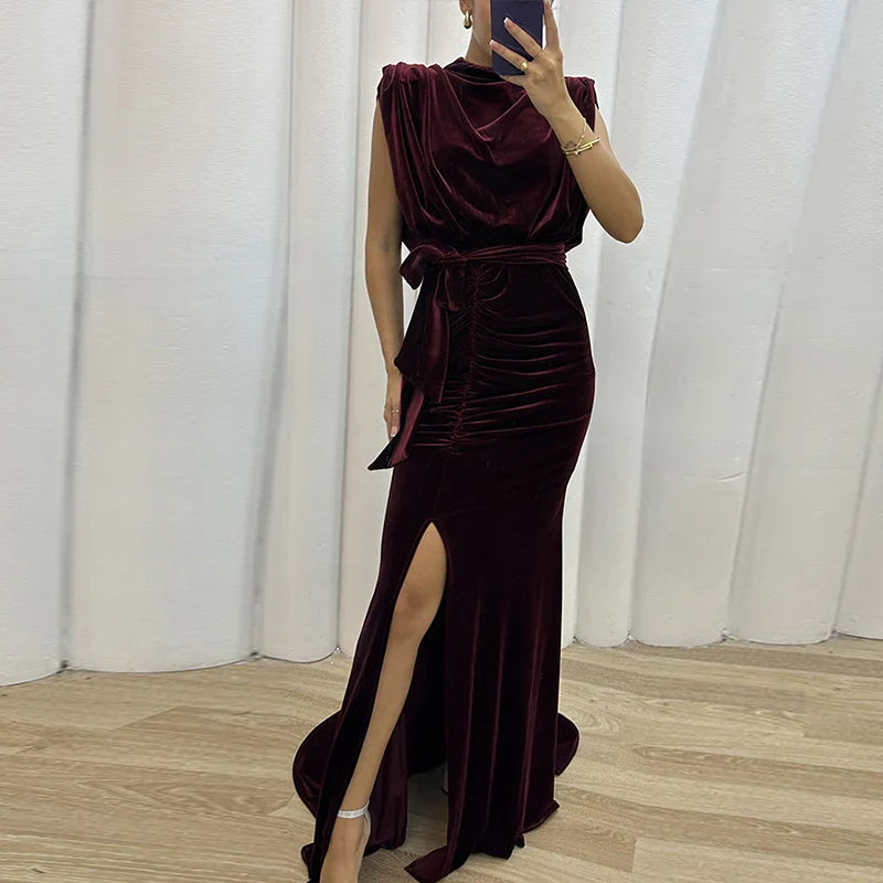 vmtvr Sexy O-neck Sleeveless Soft Velvet Party Dress Women Spring Solid Slim High Slit Draped Long Dress Summer Hollow Mermaid Dresses