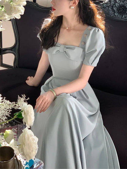 2024 Summer Elegant Vintage Fairy Dress Women Bow Pink Sweet Party Midi Dress Casual Retro Korean Dress Female Puff Sleeve Slim