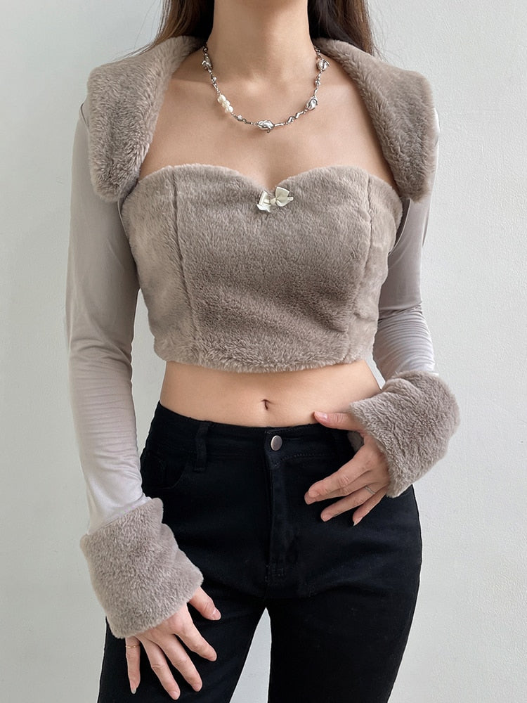 -Fall Outfits  Fashion Elegant Faux Fur Fluffy Winter Women T-Shirts Cardigan Vintage Cropped Tops Jacket Outwear Chic Patchwork Y2K