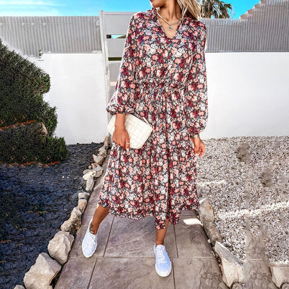 Spring Fashion Women Dress Floral Print Casual Beach V-Neck Elegant Long Sleeve Shirt Dresses Midi Vestido De Mujer Clothes