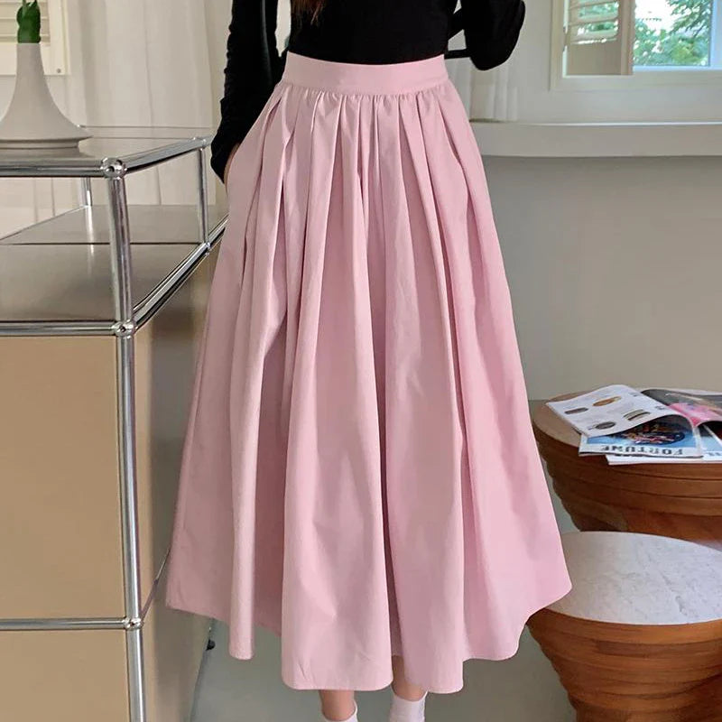 vmtvr Elegant Women Pockets Pleated Skirts For Ladies 2024 Spring Summer A-Line Loose Casual High Waist Midi Skirt SK25