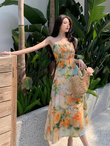 vmtvr Summer New Midi Spaghetti Strap Dresses Women Floral Print Dress Elegant And Chic with Casual Party Holiday Dress High Quality