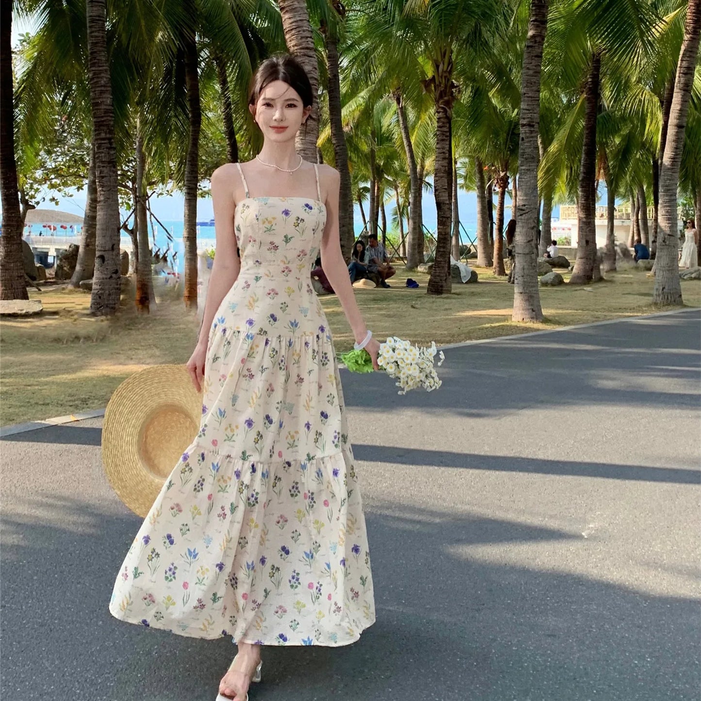 vmtvr  -  Vintage Floral Beach Holiday Long Dresses for Women Summer New Elegant Party Spaghetti Strap Big Hem Casual Female Clothing