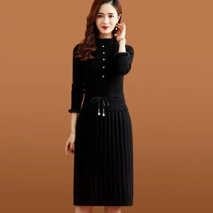 vmtvr - Fake Two Pieces Pleated Knitted Dress Women Vintage Ruffle Long Sleeve Bottoming Sweater Dresses Fall Casual Slim Midi Vestidos