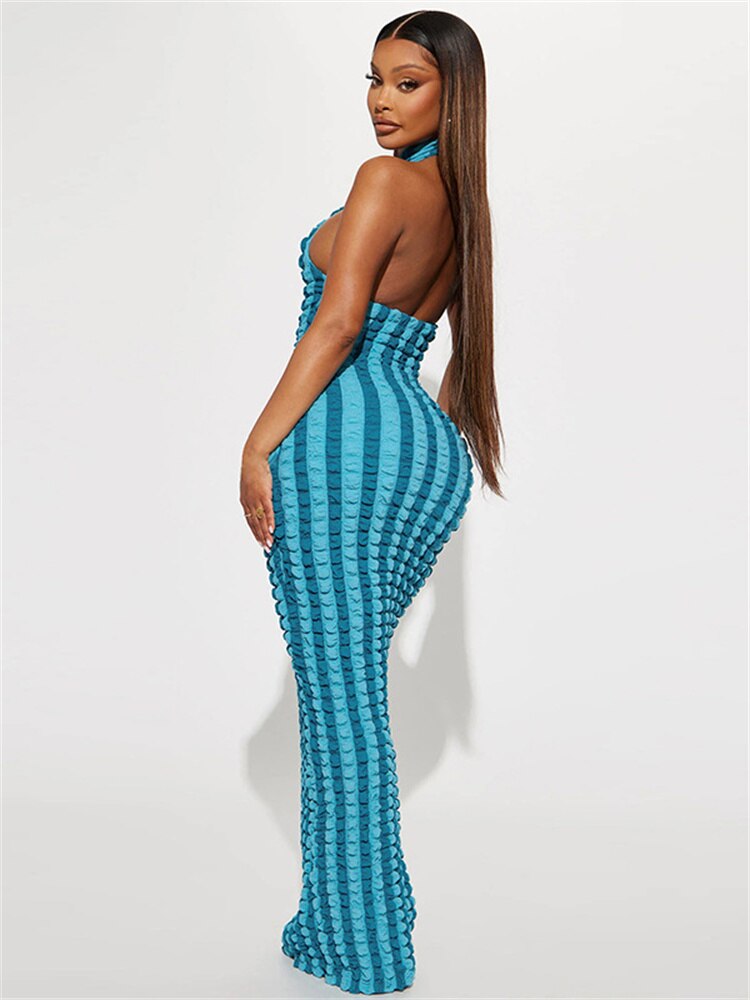 Striped Print Patchwork Sexy Bodycon Maxi Dress Halter Sleeveless Backless Summer Women Vacation Nightclub Y2K Clothes