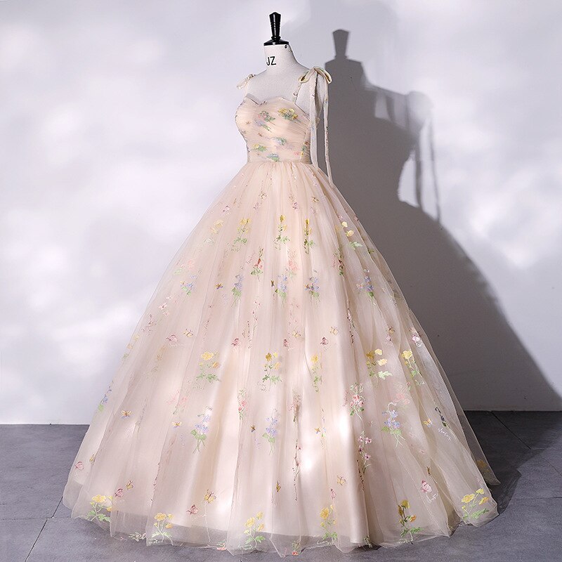 vmtvr Fashion Spaghetti Strap Quinceanera Dresses New Champagne Colorful Floral Tulle Ball Gown Simple Sweet Fairy Vestido De Baile