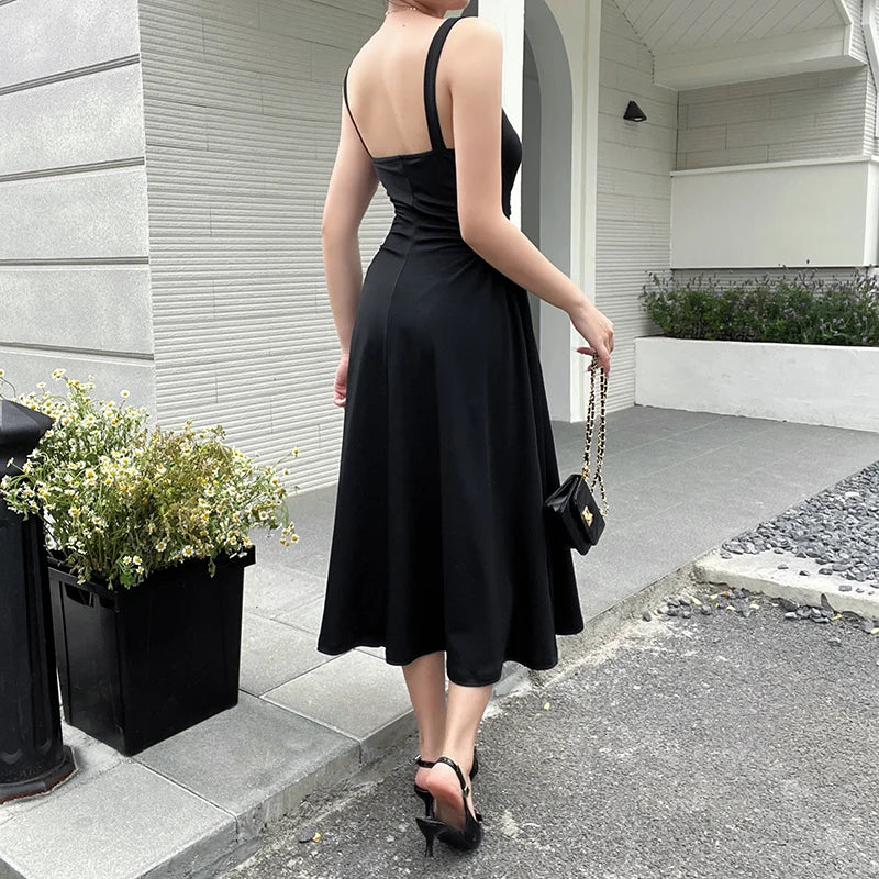 vmtvr Summer Elegant Casual A-Line Satin Midi Dress Women Sleeveless Vintage Party Birthday Vestidos Female Chic Solid Robe