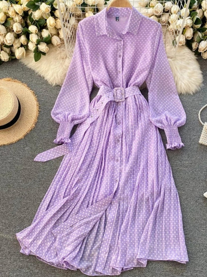 Spring Autumn Women Vintage Maxi Party Dress Long Sleeve Orange Polka Dot Pleated Evening Black Vestidos Femme Fashion Robe New