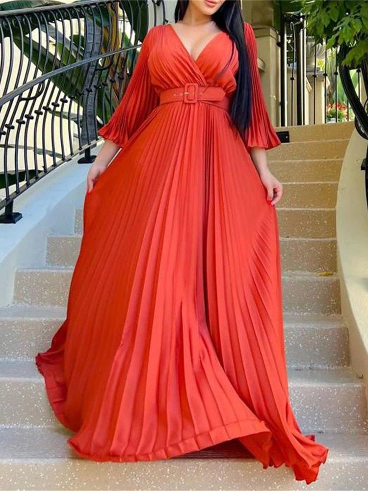 vmtvr Sexy V-Neck Pleated Dinner Party Dress Women Yellow Elegant  with Belt Long Sleeve Robe Femme African Maxi Red Vestido