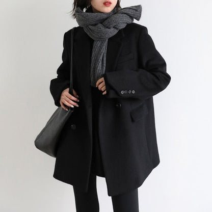 Women Wool Blend Coat Solid Mid Long Woolen Blazer Thick Warm Blouse Women's Overcoat Office Lady Tops Autumn Winter