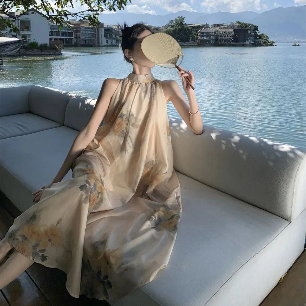 vmtvr Summer New Chinese Hanging Neck Holiday Loose Fragmented Flower Long Chinese Style Super Immortal Dress