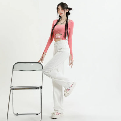 vmtvr White Cotton Wide Leg Jeans Spring and Summer Women High Waist Slim Original Dirty Korean Version Pink Design Straight Leg Jeans