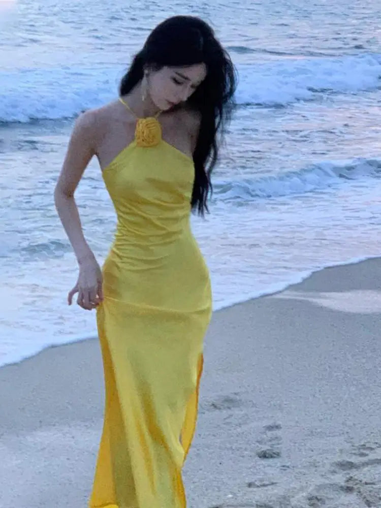 vmtvr Summer New Elegant Vintage Yellow Halter Long Dress For Women Birthday Party Backless Split Sundress Robe Clothing Vestidos